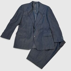 Patrick James Wool Suit 42R 38x31 USA Made Windowpane Plaid Navy Blue 2 Button